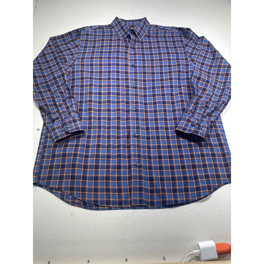 Duluth Trading Co Mens Large Blue Orange Plaid Cotton Button Down Shirt L